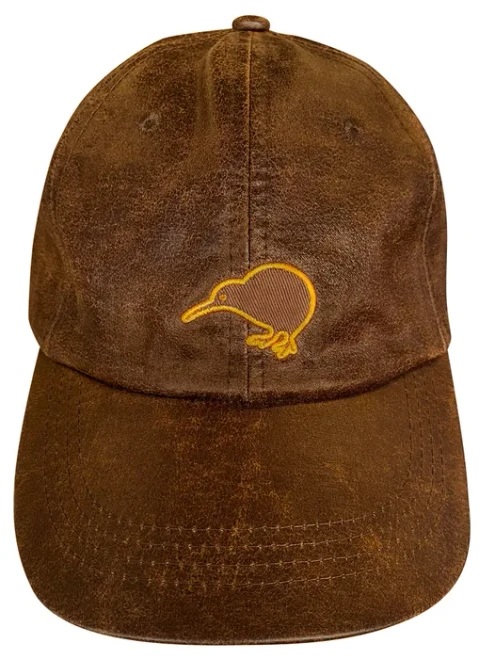 NZ Souvenir Cap - Tan Oilskin with Kiwi Design