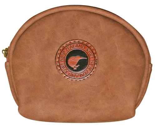 Tan Coin Purse with NZ Kiwi Design - Clasp Close