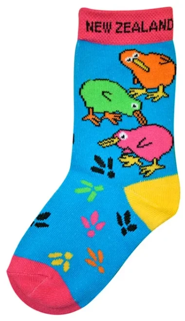 Children's NZ Souvenir Socks - Blue with Colourful Kiwis