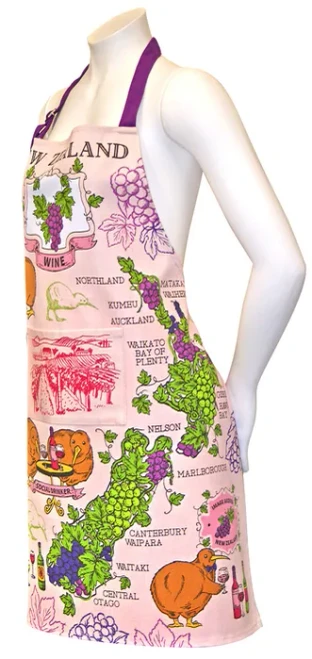 Pink cotton apron featuring a map of New Zealand wine regions and kiwi birds