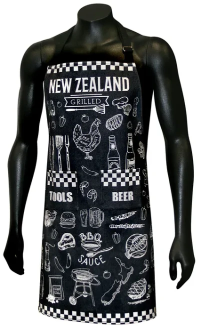 NZ Souvenir Apron - Black with New Zealand BBQ design and pockets
