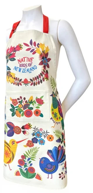 NZ Souvenir Apron - Cream with Colourful Native Birds and flowers