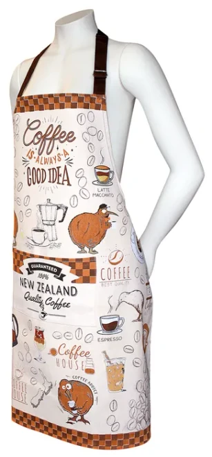 Cream coffee-themed NZ apron on mannequin with illustrated kiwi birds, cups and brown checked trim