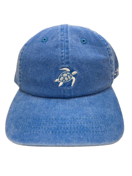 Front view of bright blue Napier souvenir cap with embroidered turtle