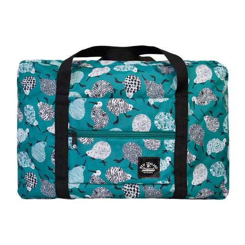Teal foldable NZ travel bag with colourful kiwi design, shown folded