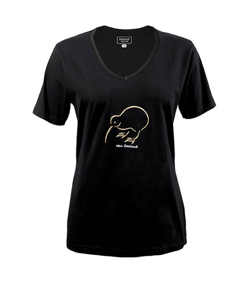 Women’s fitted black V-neck NZ T-shirt with gold-coloured embroidered kiwi bird