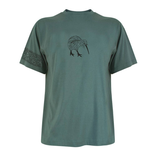 Dark teal NZ souvenir T-shirt with kiwi, fern and Kia Kaha armband-style design