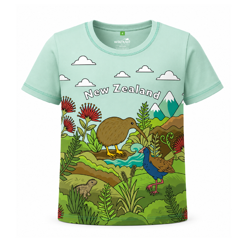 Pale Aqua Children's NZ T-Shirt | NZ Kiwi, Pukeko & Tuatara