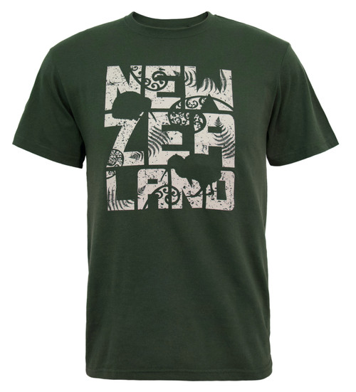 Moss Green NZ T-Shirt With New Zealand, Kiwi and Fern Design