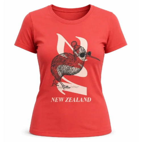 Bright coral women’s NZ T-shirt with kiwi wearing beanie and sunglasses