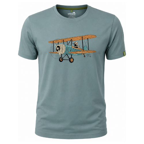 Light blue grey NZ T-shirt with kiwi flying a biplane