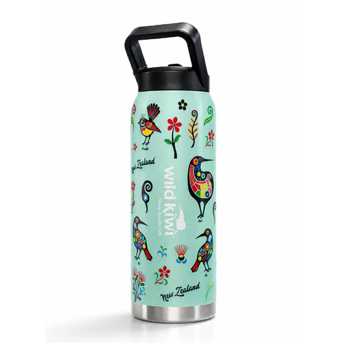 NZ Insulated Drink Bottle | Teal With Colourful NZ Birds and Flowers design