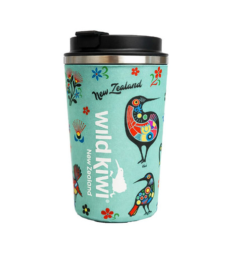 Teal insulated coffee cup with colourful New Zealand native birds and flowers and black lid