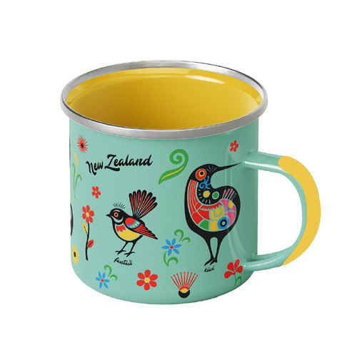 Teal NZ Enamel Camping Mug | Colourful NZ Birds and Flowers