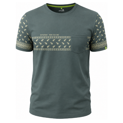 Sage green New Zealand T-shirt with tattoo-style silver fern design across the chest and sleeves and a chest pocket