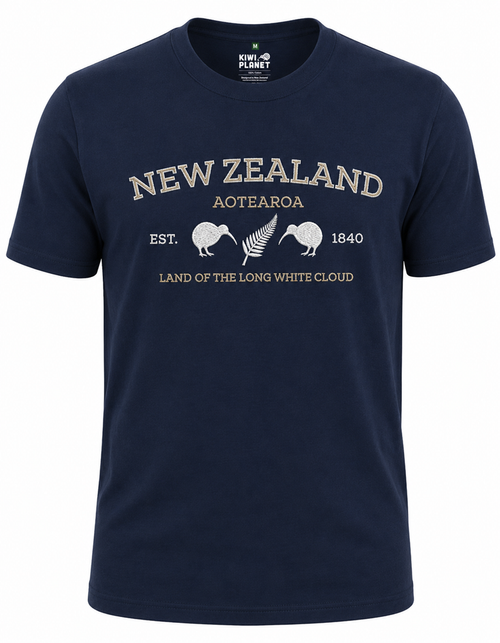 Navy blue New Zealand T-shirt with embroidered kiwi birds, silver fern and Land of the Long White Cloud lettering