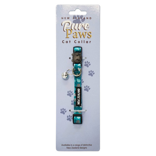 Teal adjustable New Zealand cat collar with kiwi bird pattern and bell, shown on its retail packaging
