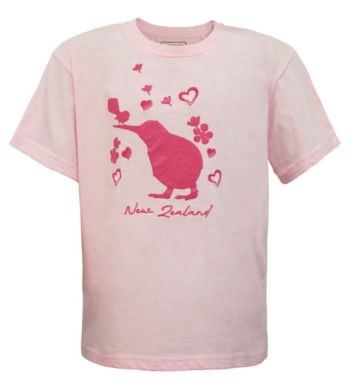 Pale Pink NZ Children's T-Shirt | Pink Glitter Kiwi