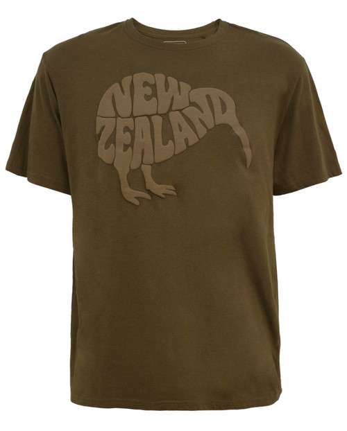 Chocolate brown NZ T-shirt with raised kiwi-shaped New Zealand design