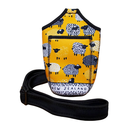 Yellow New Zealand water bottle carrier with colourful patterned sheep, front phone pouch and black adjustable strap