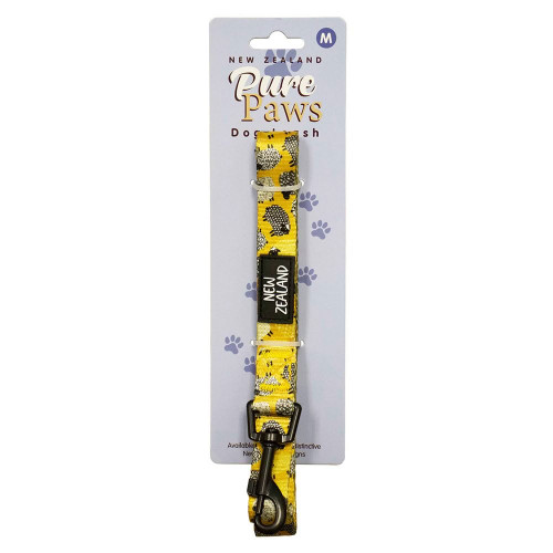 Yellow New Zealand sheep print dog leash with metal clip on Pure Paws packaging