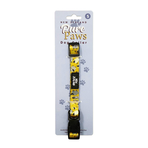 Small yellow sheep print Pure Paws dog collar with black buckle on packaging