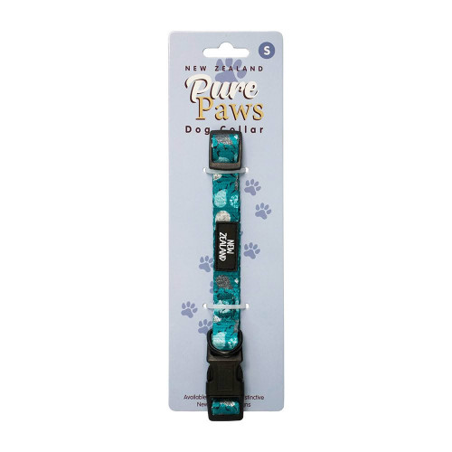 Small teal kiwi print Pure Paws dog collar with black buckle on packaging