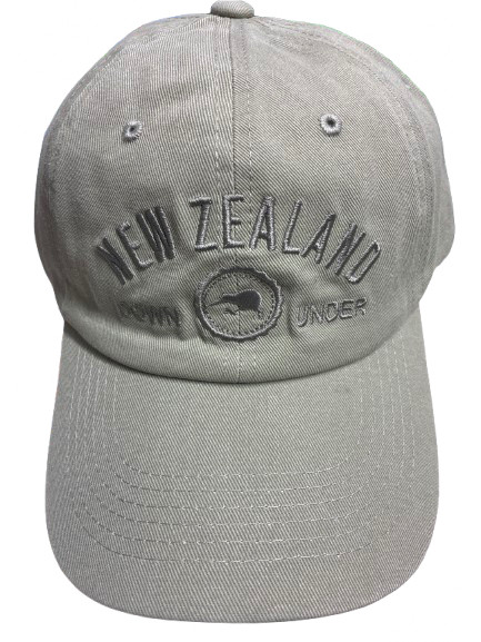 Stone-coloured New Zealand cap with embroidered kiwi bird and Down Under lettering