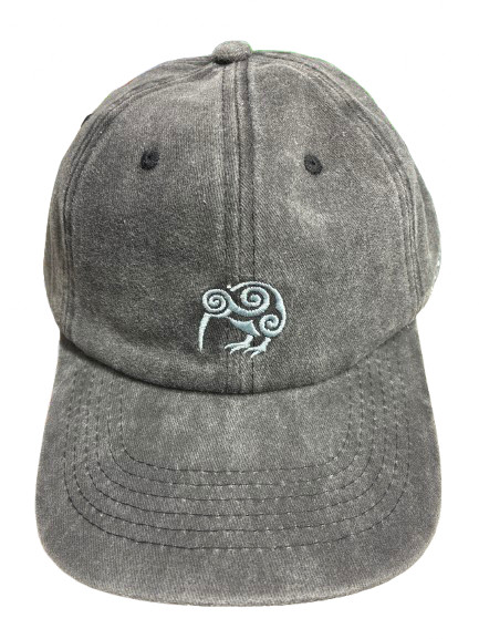 Black washed denim New Zealand cap with embroidered kiwi bird and koru design