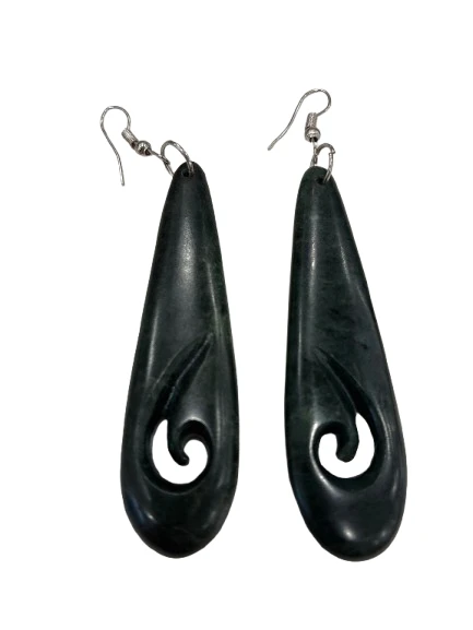 NZ greenstone pounamu large teardrop earrings with cut-out koru near the base on hooks
