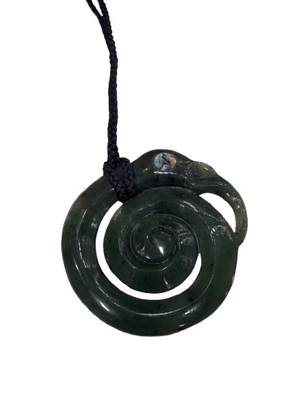 Round NZ greenstone pounamu koru manaia pendant with pāua shell eye on black cord