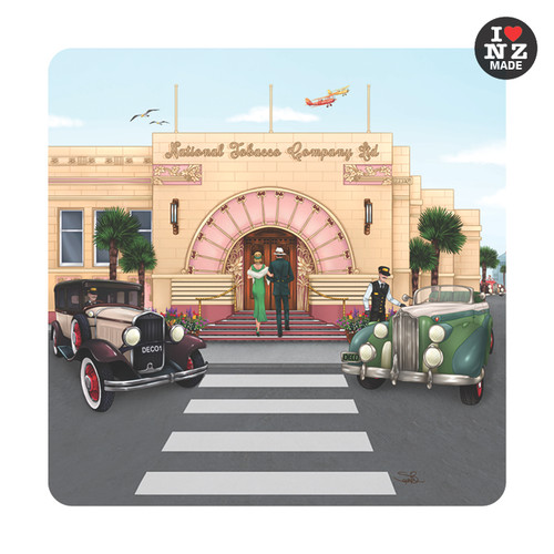 National Tobacco Company Building in Napier on a NZ made acrylic coaster, artwork by Sophie Blokker