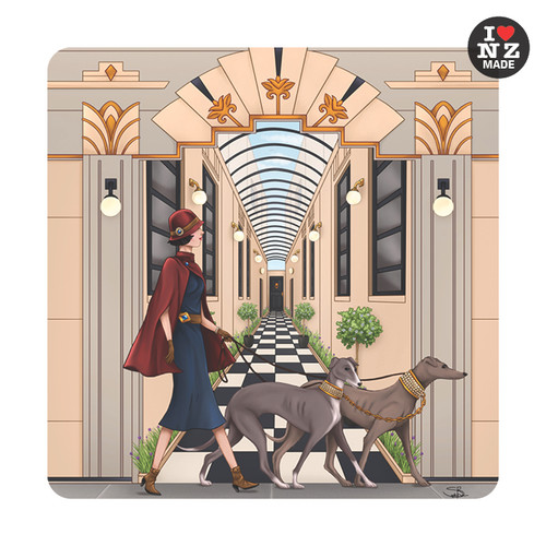 Napier Art Deco archway walk design on a NZ made acrylic coaster by Sophie Blokker