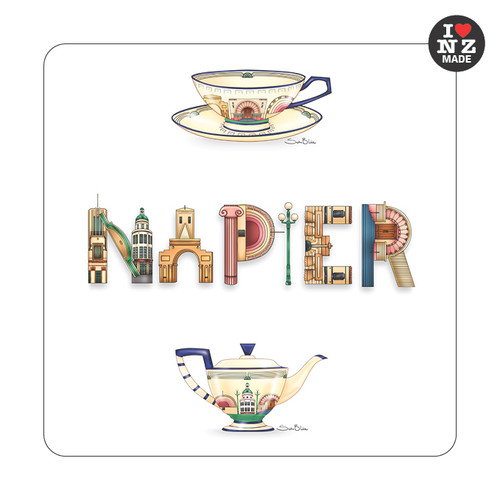 Napier word art and Art Deco style tea set on a NZ made acrylic coaster by Sophie Blokker