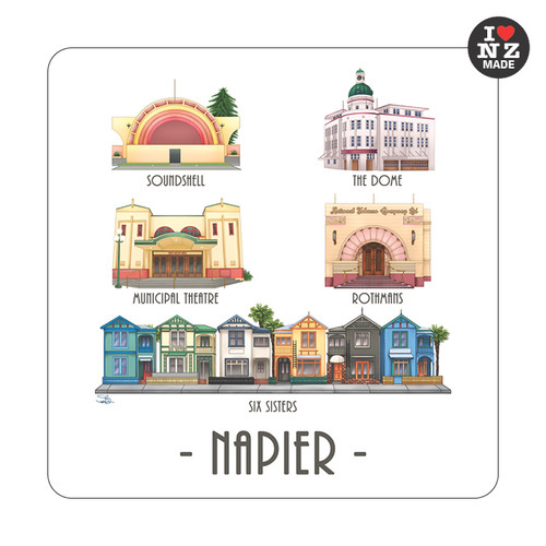 NZ made acrylic coaster featuring Napier Art Deco buildings and Six Sisters, artwork by Sophie Blokker