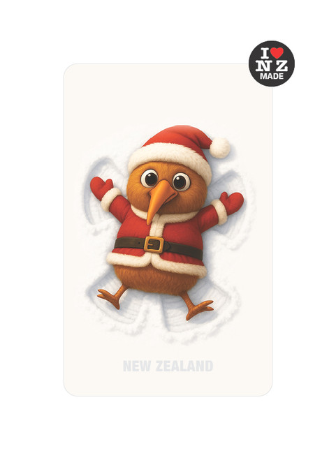 NZ made acrylic fridge magnet featuring Doug Healey’s Santa Kiwi in the snow