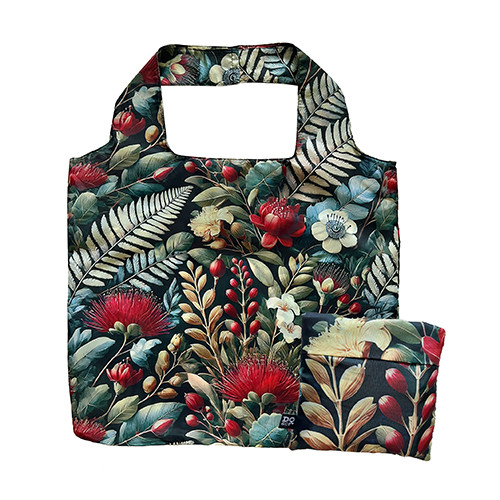 New Zealand pōhutukawa and native leaves fold-out reusable shopping bag with matching pouch