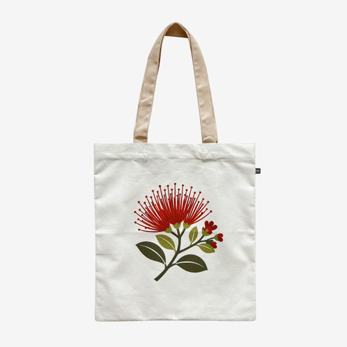 Cream cotton tote bag with a bright New Zealand pōhutukawa flower design