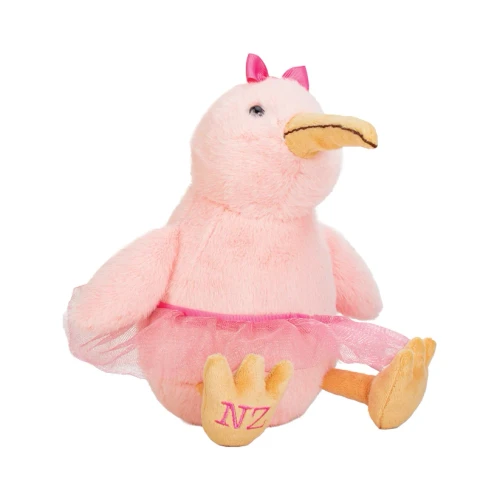 Sitting pink kiwi ballerina soft toy with bright pink frilly tutu and bow, approximately 23cm