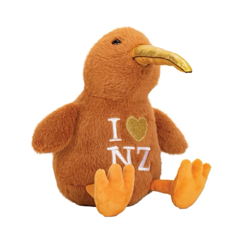 sitting Soft Toy brown Kiwi with gold beak and I heart NZ, measurers approx 23cm