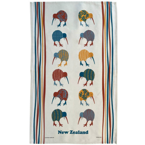 NZ Souvenir Tea Towel | Colourful Kiwis and Stripes Design