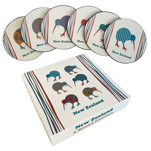 Set of Six NZ Coasters | Colourful Kiwis and Stripes Design
