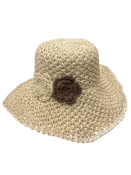 Woven paper summer hat with flower detail and a wire brim