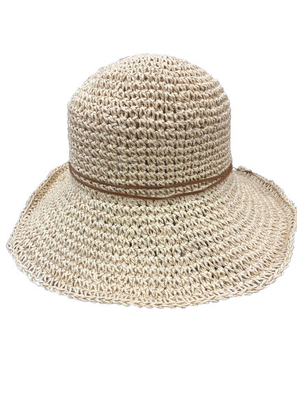 Crocheted summer hat with a thin brown leather-look band