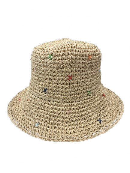 Crocheted Foldable Summer Hat with Coloured Cross Detail