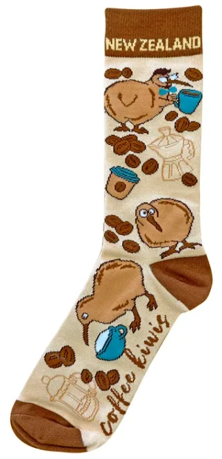 Cotton and bamboo socks with NZ Kiwi coffee design