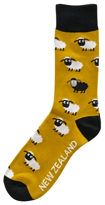 cotton and bamboo socks with NZ sheep on mustard colour