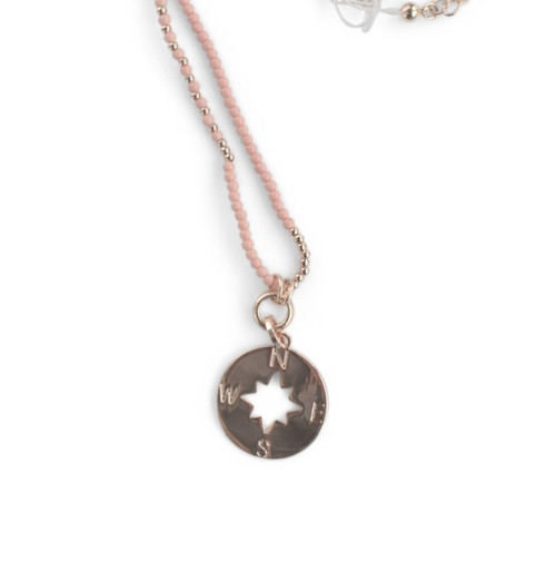 beaded necklace with compass points disc pendant comes in 3 colour options