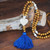 Long wood bead boho style pendant necklace with saphire blue tassel and white heart shape
