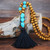 Long wood bead boho style pendant necklace with black tassel and turquoise beads